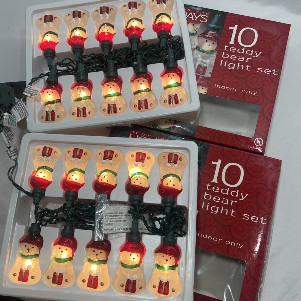 Vintage 2003 Meier & Frank May Glass Teddy Bear Christmas String Lights 2 Sets
